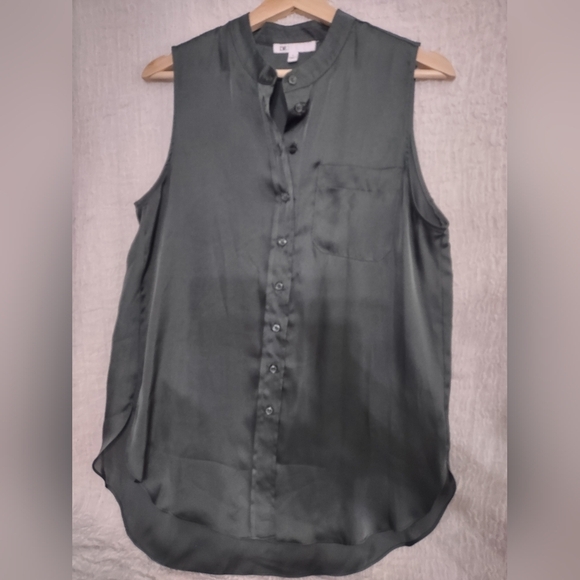 DR2 Blouse Tunic Top Sleeveless Satin Round Neck Sz S Green‎ Oversized Feminine - Picture 4 of 9
